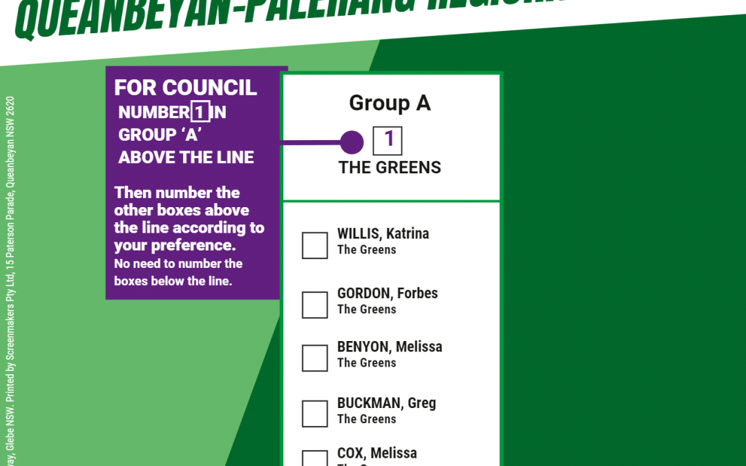 The Greens how-to-vote card fro QPRC