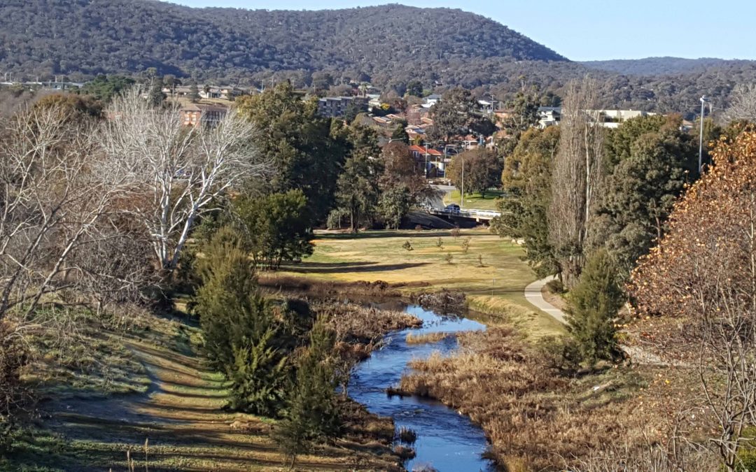 View of Queanbeyan river from shared path, looking to the Eastern Escarpment